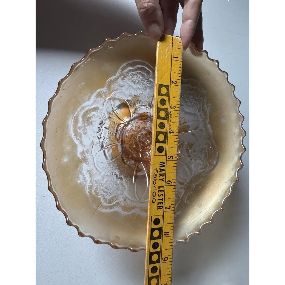 Antique Dugan Marigold Carnival Glass Double Stem Rose Ruffled Bowl 8.5 In
